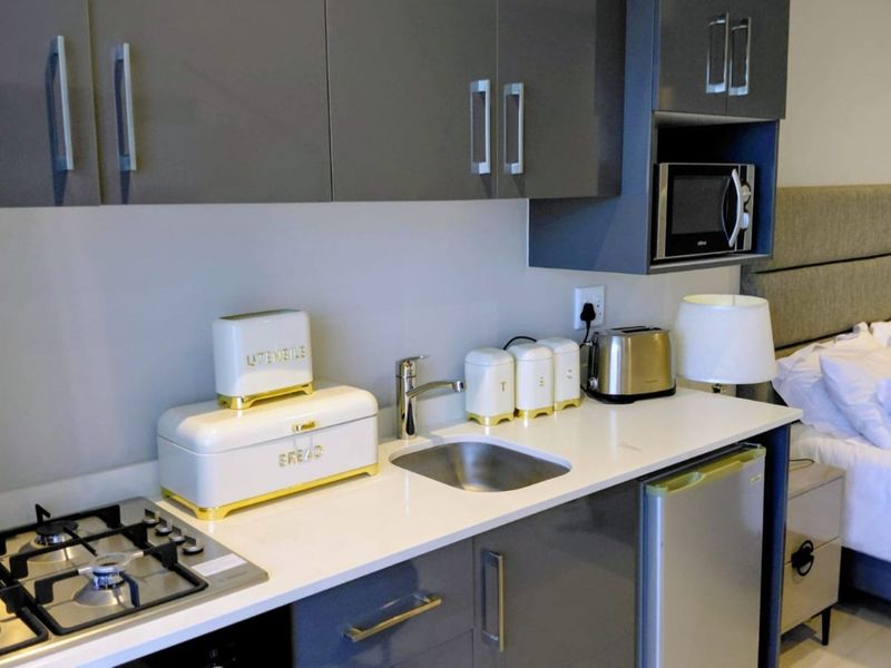 Compact kitchenette featuring modern grey cabinetry, stone countertops, a gas hob, and a built-in microwave, integrated into a studio-style living space.