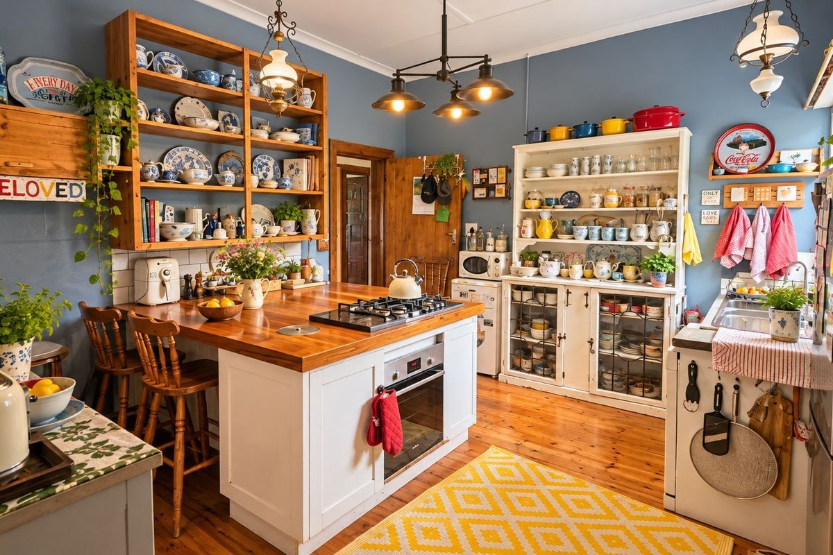 A charming, well-maintained kitchen featuring a central island with a wooden countertop, built-in oven, gas cooktop, and warm hardwood flooring.