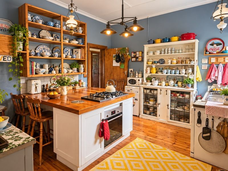 A charming, well-maintained kitchen featuring a central island with a wooden countertop, built-in oven, gas cooktop, and warm hardwood flooring.