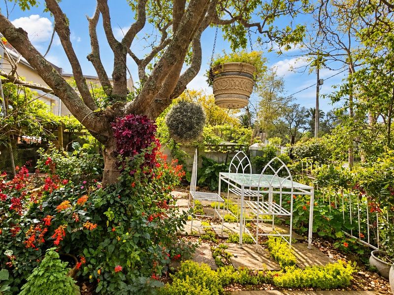 A lush, well-established garden area featuring mature trees, vibrant flowering plants, and stone paving, creating a serene outdoor retreat.