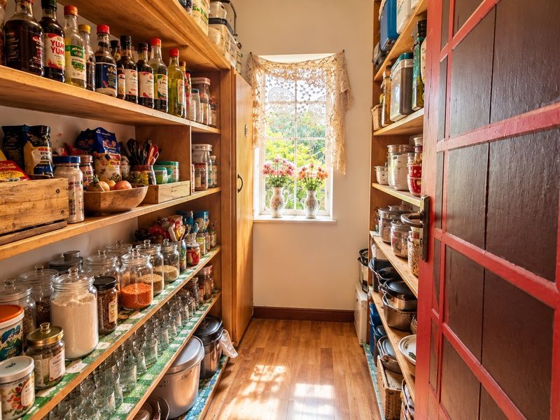A well-organized walk-in pantry or scullery featuring extensive built-in timber shelving, timber flooring, and natural light from a window.