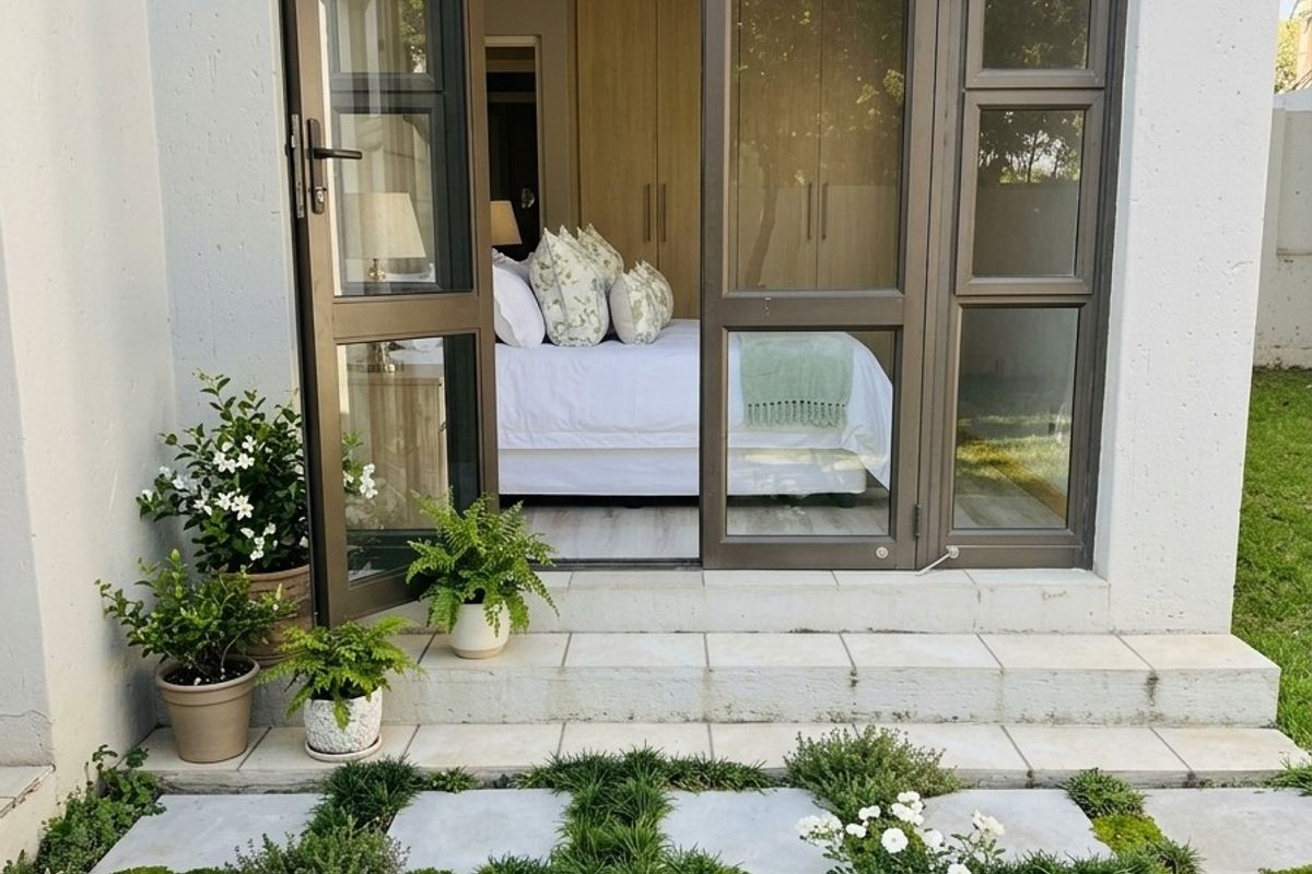 A view of a bedroom interior from a paved rear patio, featuring aluminium glass doors and a well-maintained garden setting.