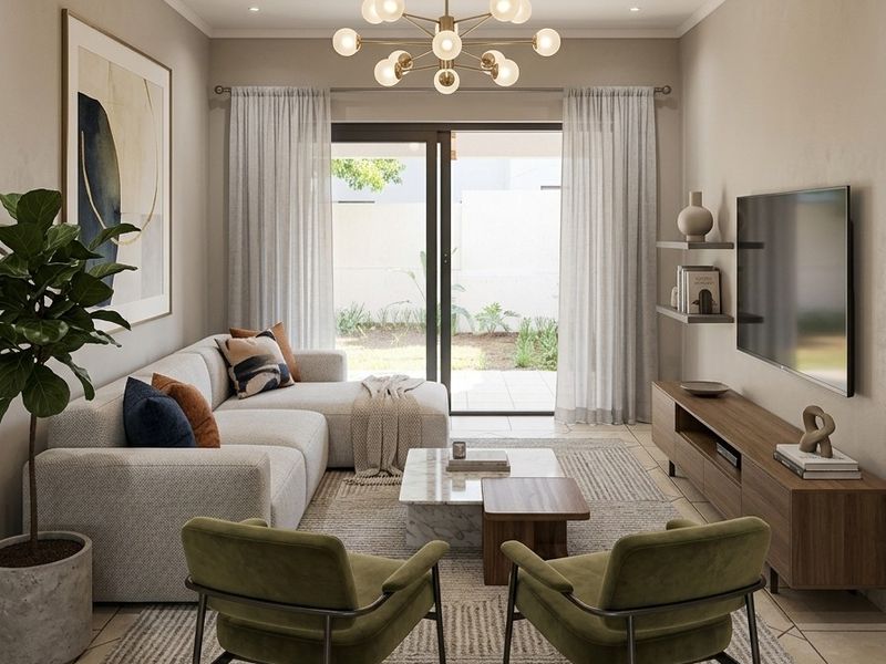 A modern, well-lit living room featuring tiled flooring, recessed lighting, and a sliding glass door providing direct access to the rear patio.