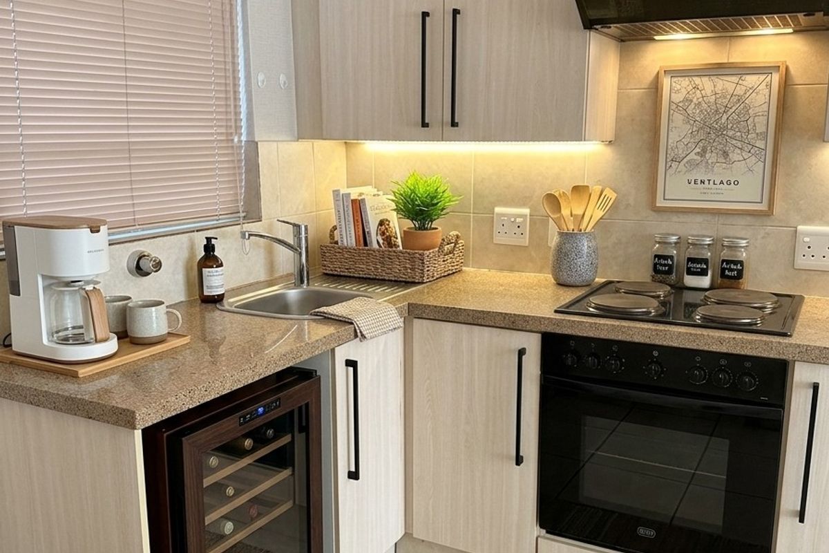Compact, well-maintained kitchen featuring light wood-finish cabinetry, stone-look countertops, integrated oven, hob, extractor fan, and a convenient under-counter wine cooler.