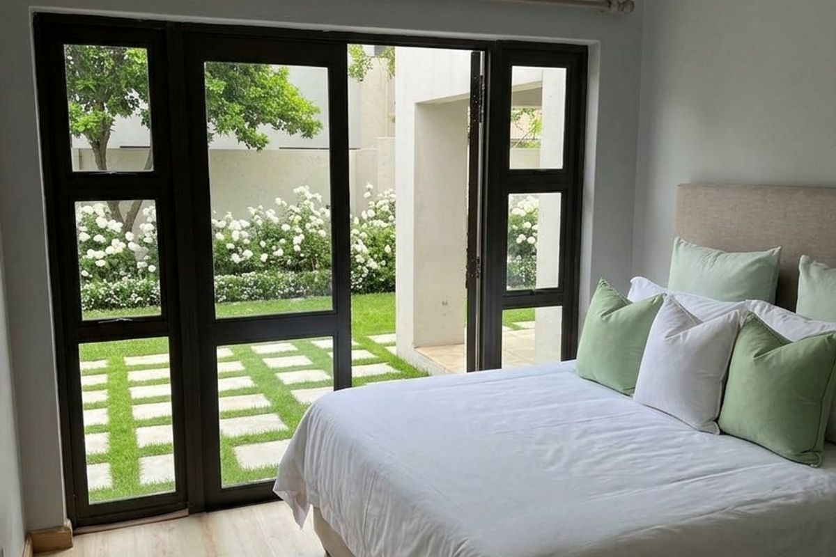 A bright bedroom featuring modern laminate flooring, a ceiling fan, and large aluminium-framed glass doors providing direct access to a private garden.