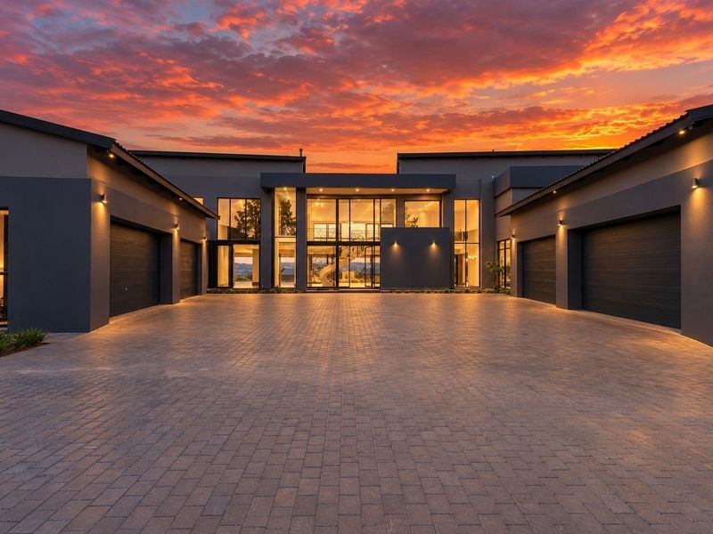A striking modern architectural home featuring a spacious paved driveway, multiple garages, and an impressive glass-fronted entrance under a dramatic sunset sky.