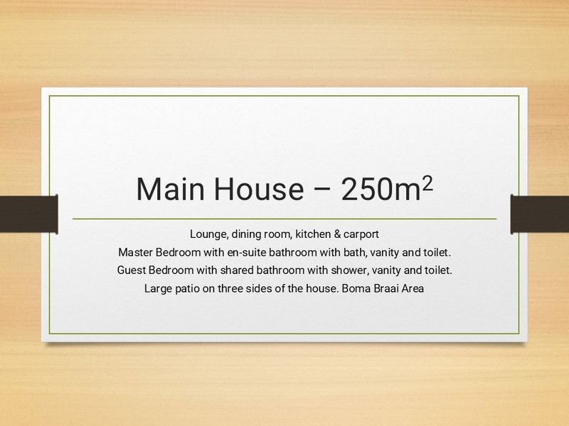 A text-based summary card detailing the layout and features of the main house, including room types and total area.