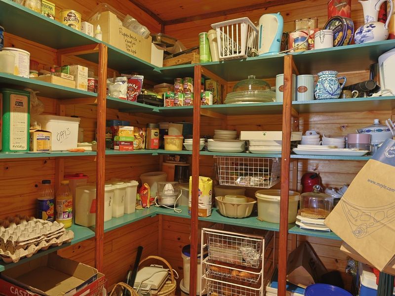 A functional scullery or pantry area featuring extensive built-in timber shelving and natural wood wall cladding for storage.