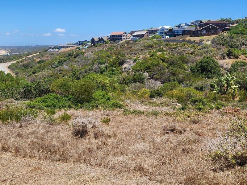 A scenic view overlooking a sloped residential plot with coastal landscape and distant ocean views.