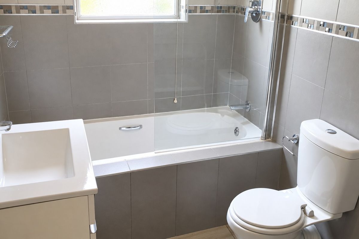 A clean, modern bathroom featuring a built-in bathtub with a glass screen, a wall-mounted basin, and a toilet, finished with neutral grey wall tiles.
