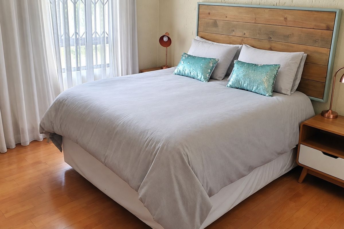 A well-maintained bedroom featuring warm laminate flooring and a large window with security gate, providing a comfortable and functional living space.