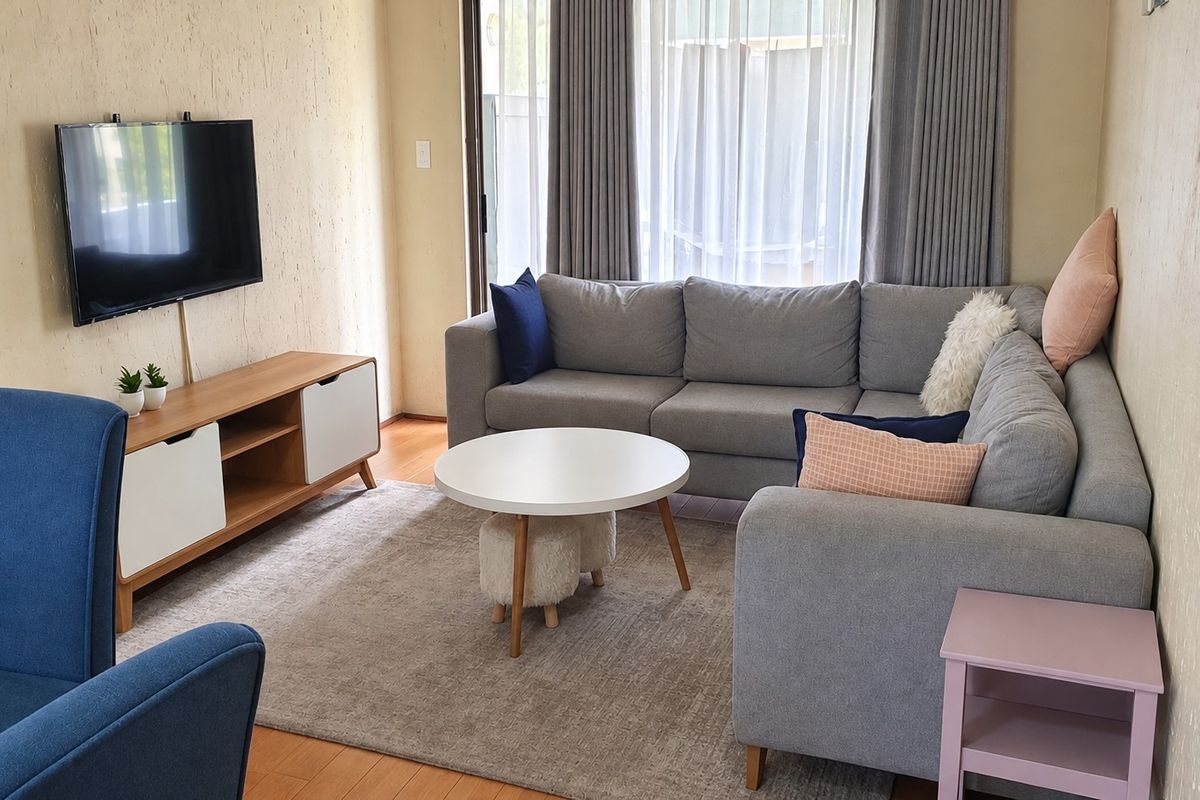 A comfortable living room featuring laminate flooring and a large sliding glass door that provides natural light.