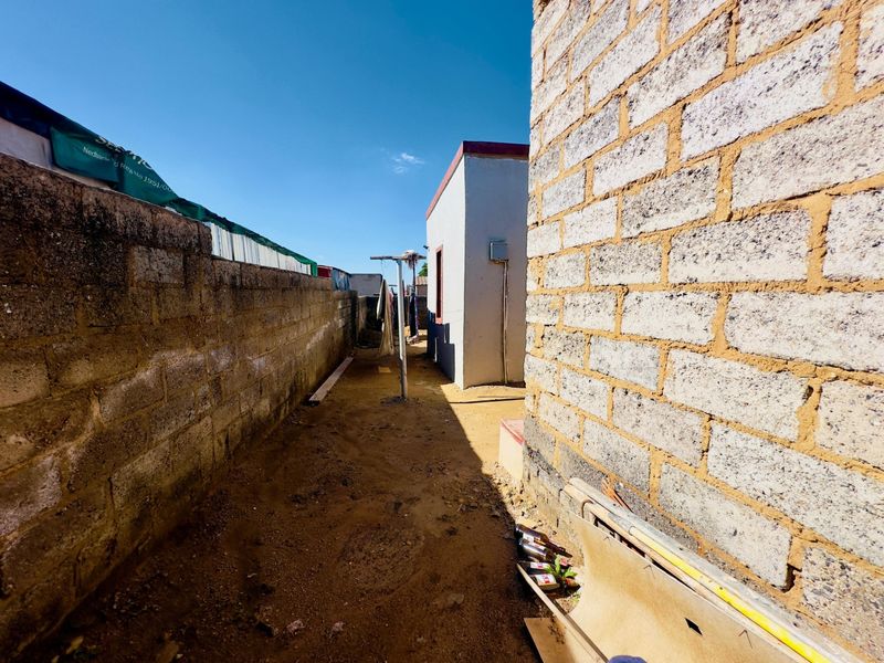 A narrow side or rear exterior passage featuring concrete block boundary walls and unpaved ground, providing access between building structures.