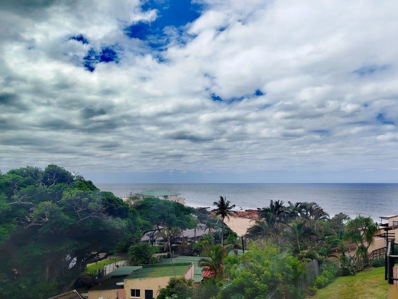 Elevated coastal view overlooking the surrounding neighborhood, lush greenery, and the ocean horizon.