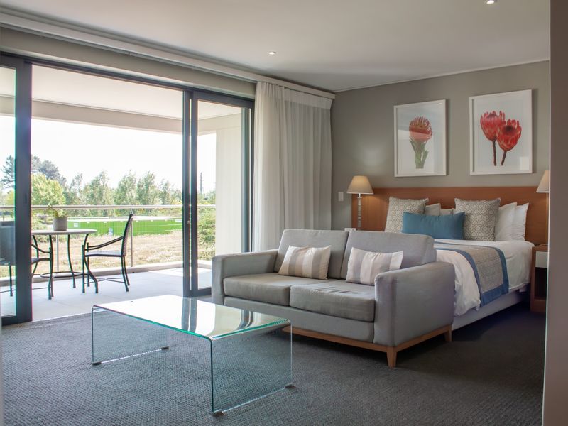 Spacious bedroom featuring a built-in headboard, neutral carpeting, and large sliding glass doors opening onto a private balcony with outdoor seating.