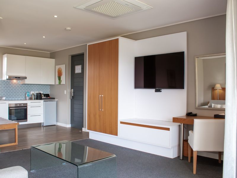 Modern open-plan apartment featuring a compact kitchen with built-in appliances, integrated storage cabinetry, and a functional living area with recessed lighting.
