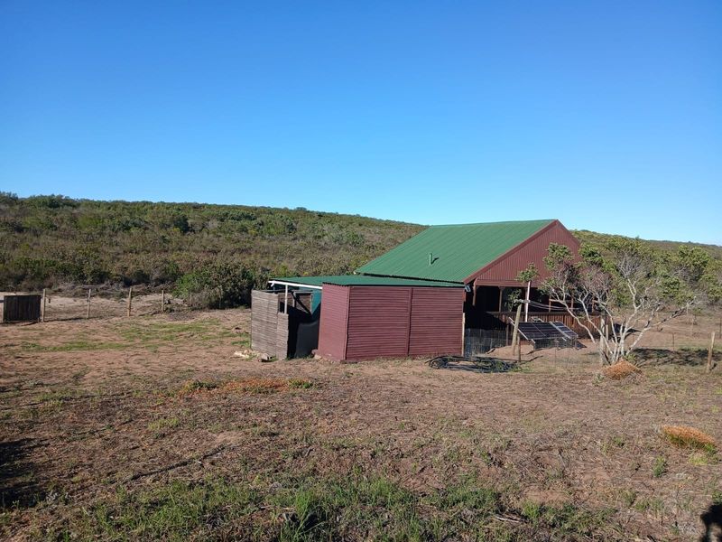 A rural property featuring a structure with a green corrugated metal roof, solar panels, and a covered deck area set within a natural landscape.