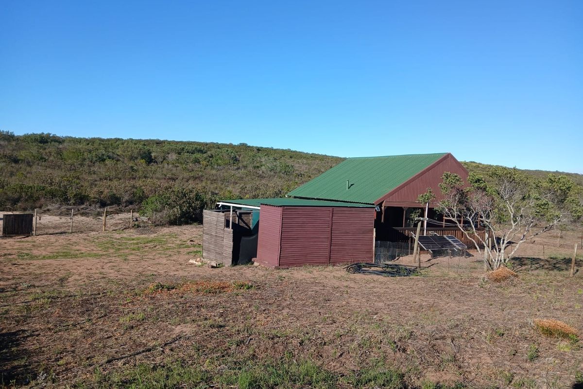 A rural property featuring a structure with a green corrugated metal roof, solar panels, and a covered deck area set within a natural landscape.