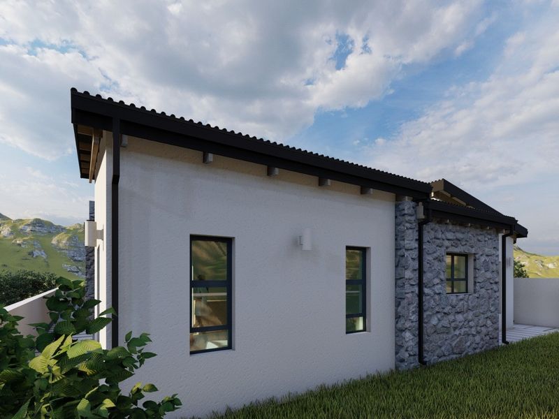 A modern residential exterior featuring stone cladding, a tiled roof, and aluminium window frames, set against a scenic landscape.