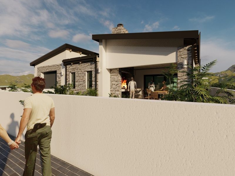 A 3D architectural rendering of a modern residential property featuring stone cladding, a covered patio, and a built-in outdoor braai area.