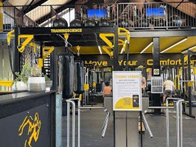 A modern, well-maintained gym facility featuring high vaulted ceilings with exposed steel trusses, a mezzanine level, and professional turnstile access control.