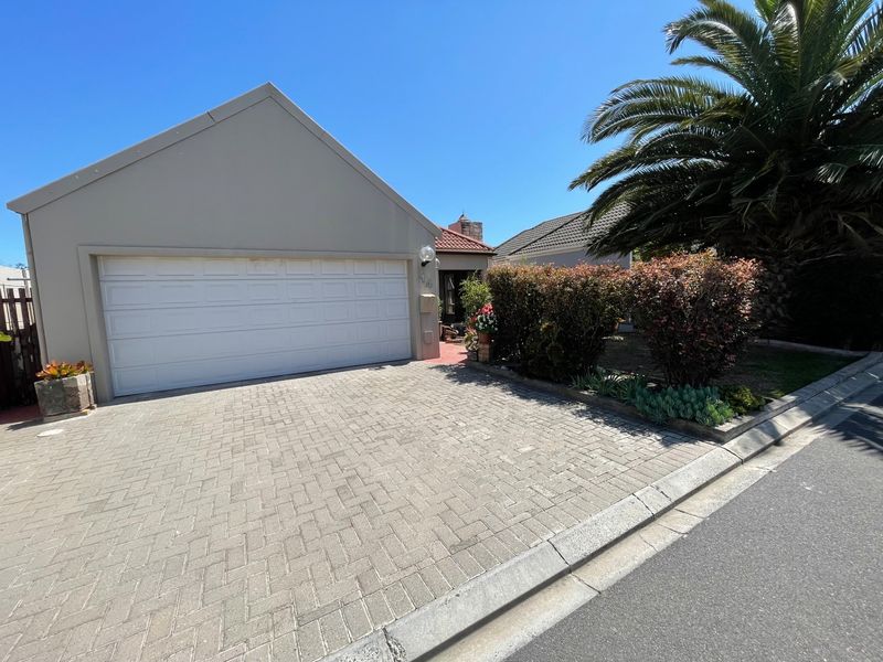 Front view of the property featuring a paved driveway, double garage, and established garden with a large palm tree.