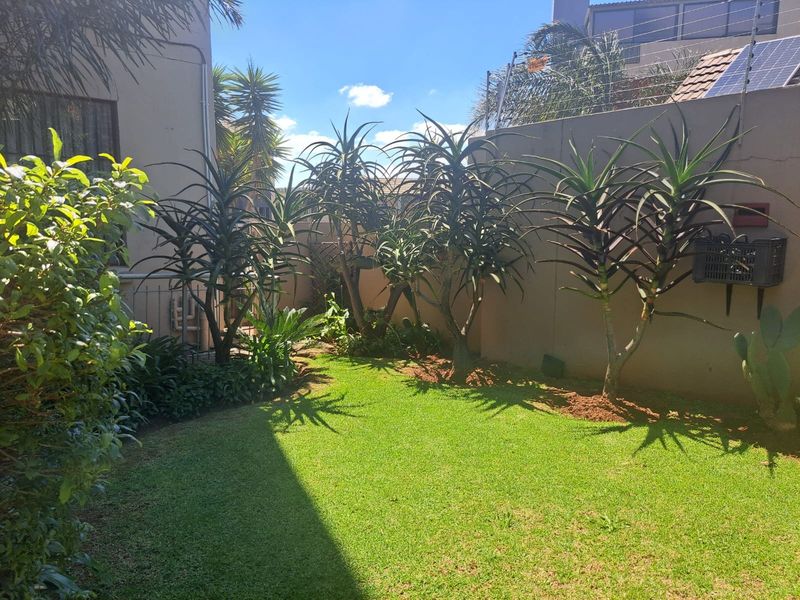 A private rear garden area featuring a well-maintained lawn, established aloe plants, and secure boundary walls with electric fencing.