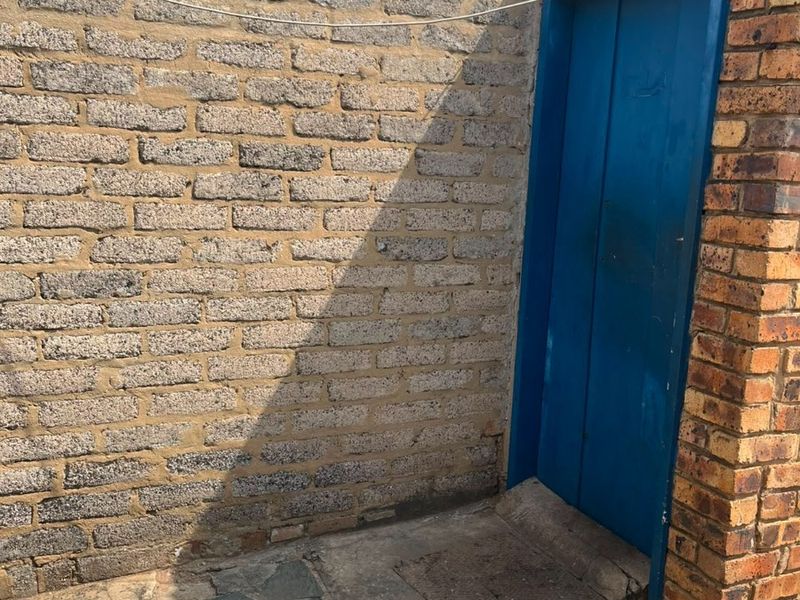 A rear exterior view showing a brick wall and a blue painted door with stone paving in the foreground.