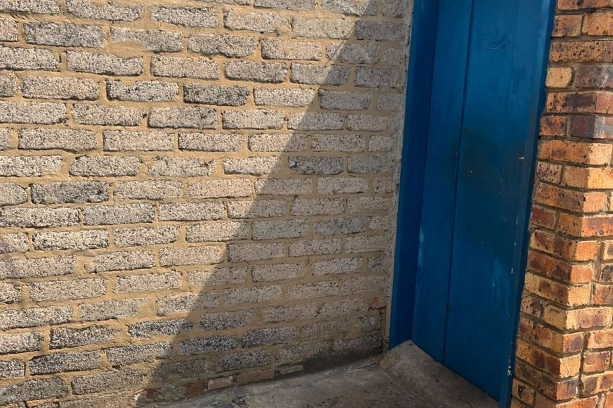 A rear exterior view showing a brick wall and a blue painted door with stone paving in the foreground.