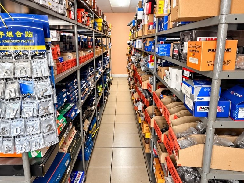 A commercial storage area featuring rows of industrial metal shelving units stocked with automotive parts, finished with a suspended ceiling and tiled flooring.