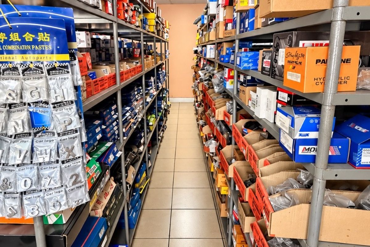A commercial storage area featuring rows of industrial metal shelving units stocked with automotive parts, finished with a suspended ceiling and tiled flooring.