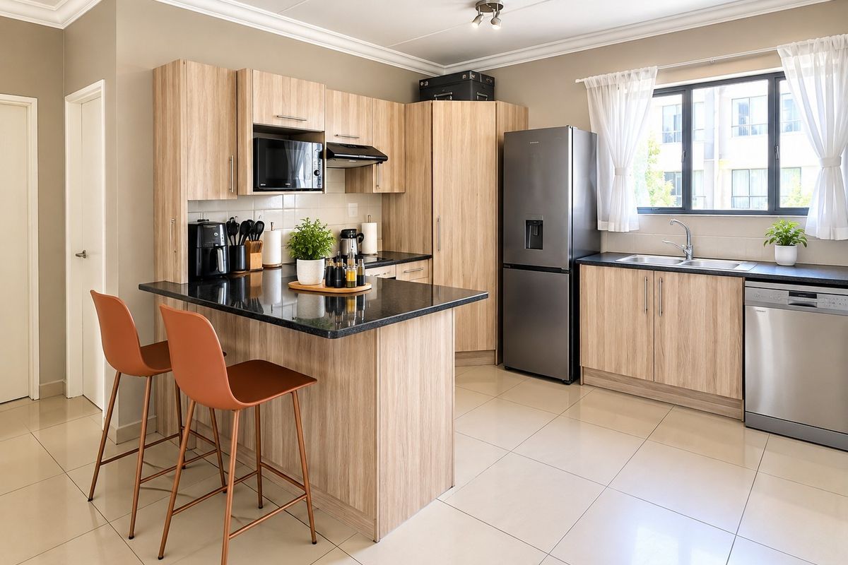 Modern kitchen featuring light wood-grain cabinetry, black granite countertops, a breakfast bar, and tiled flooring, offering a clean and functional culinary space.