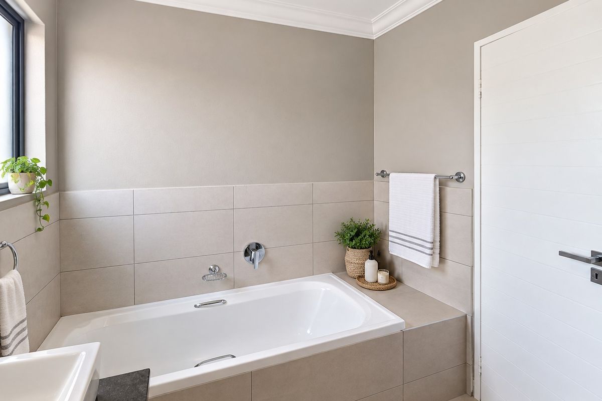 A modern, well-maintained bathroom featuring a built-in bathtub with neutral wall tiling, chrome fixtures, and clean, contemporary finishes.