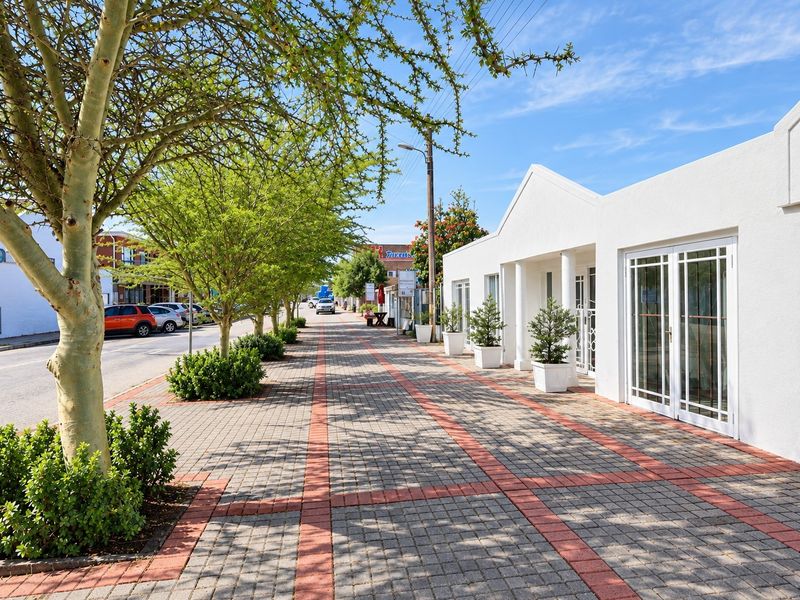 A well-maintained office exterior featuring a clean white facade, paved pedestrian walkway, and glass entrance doors along a tree-lined street.