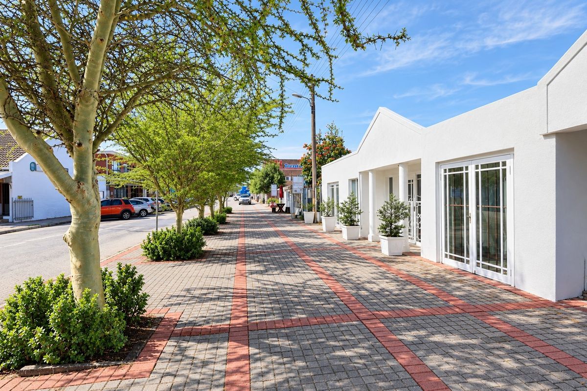 A well-maintained office exterior featuring a clean white facade, paved pedestrian walkway, and glass entrance doors along a tree-lined street.