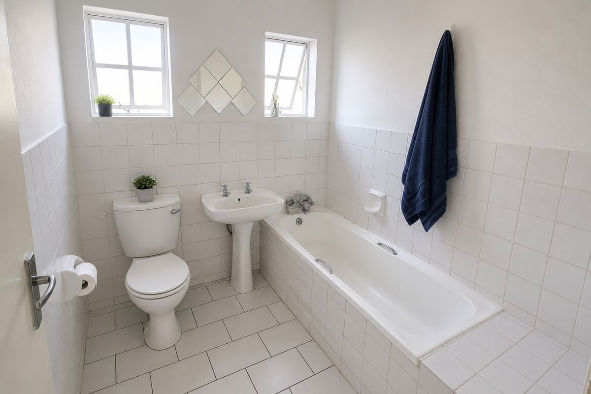 A clean, functional bathroom featuring a pedestal basin, built-in bathtub, and white ceramic tiling throughout, illuminated by two casement windows.