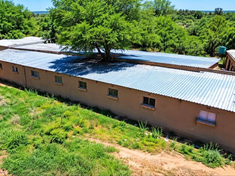 Aerial view of a long farm building featuring a corrugated metal roof with a tree growing through the structure and security bars on windows.