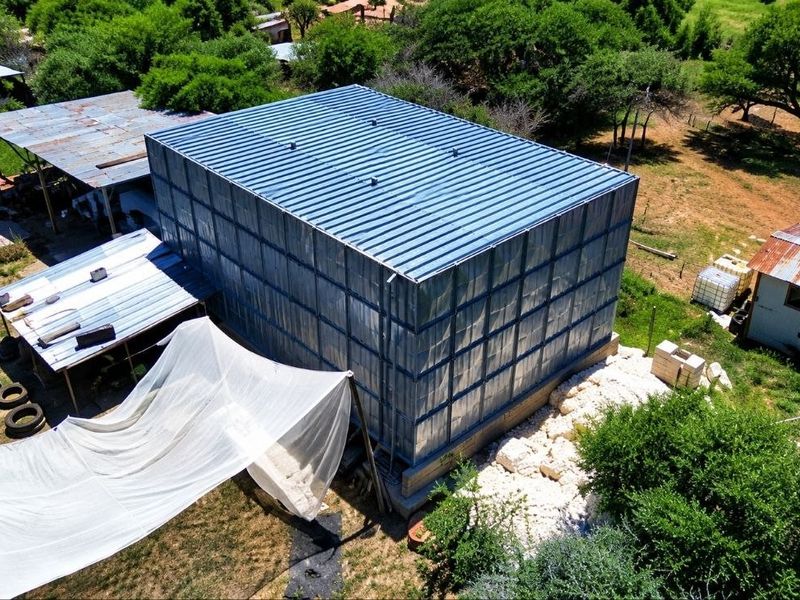 Aerial view of a farm property featuring a large metal water storage tank, an open-sided shed, and a small outbuilding set within a rural landscape.