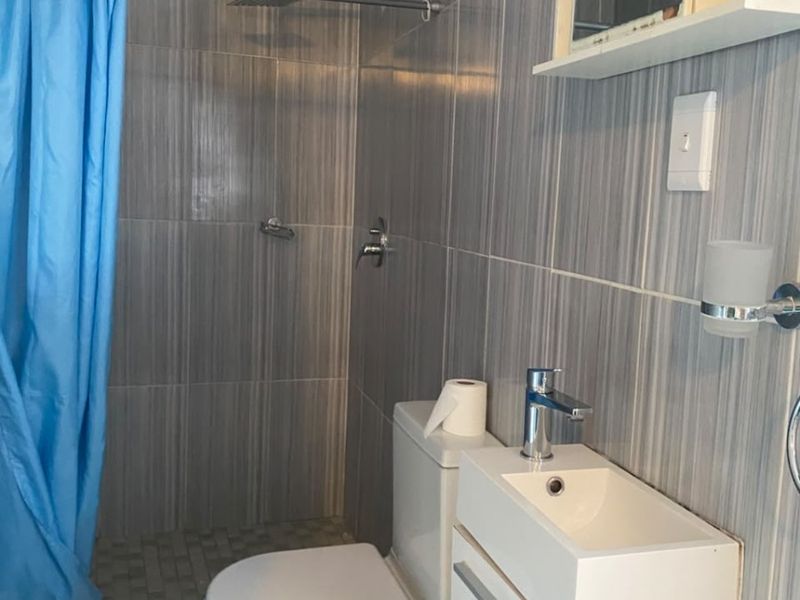Compact bathroom featuring grey wall tiles, a modern vanity basin, toilet, and a shower area with a wall-mounted shower head.