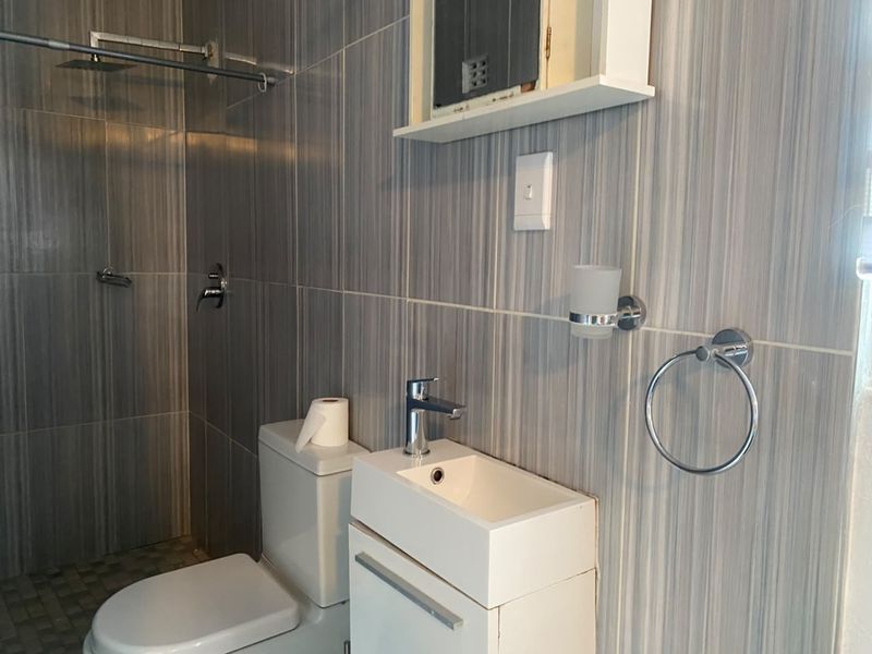 A compact bathroom featuring modern grey wall tiles, a built-in vanity with a basin, a toilet, and a walk-in shower area.
