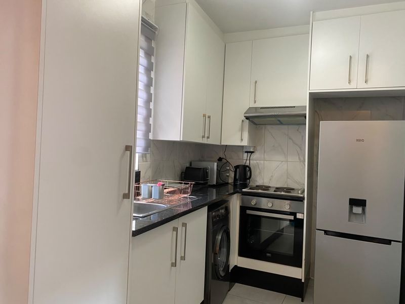 Compact modern kitchen featuring white cabinetry, stone countertops, tiled backsplash, and integrated stainless steel appliances.