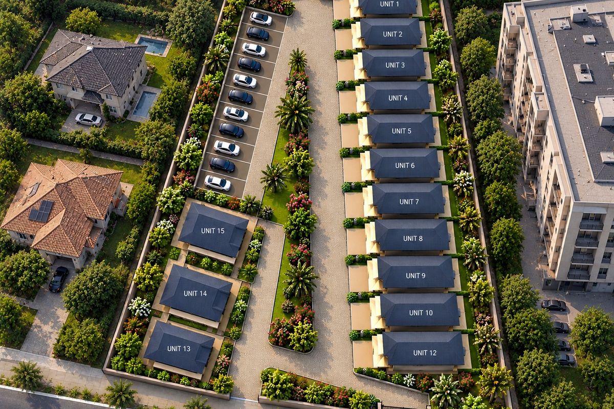 Aerial view of a residential complex featuring multiple detached units, landscaped gardens, paved driveway, and designated parking areas within a secure perimeter.