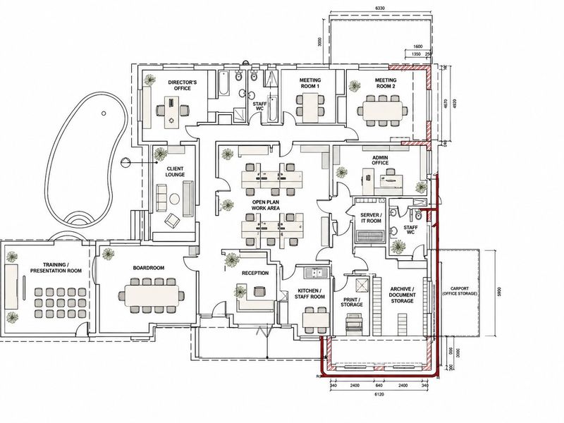 A detailed architectural floor plan showing the layout of the office space, including meeting rooms, open plan work areas, and storage facilities.