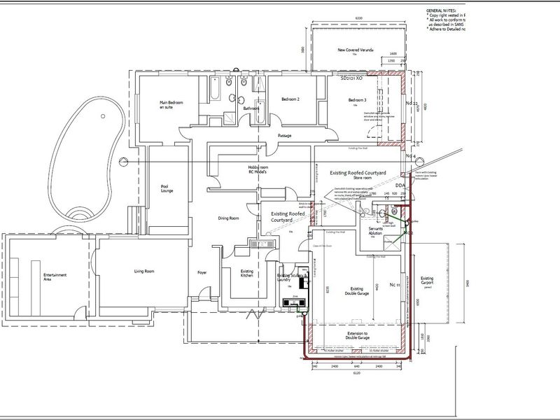Architectural floor plan detailing the layout of the house, including bedrooms, living areas, kitchen, garage, and outdoor pool area.