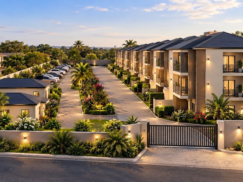 A modern residential complex featuring a gated entrance, paved driveway, landscaped gardens, and multi-level units with private balconies.