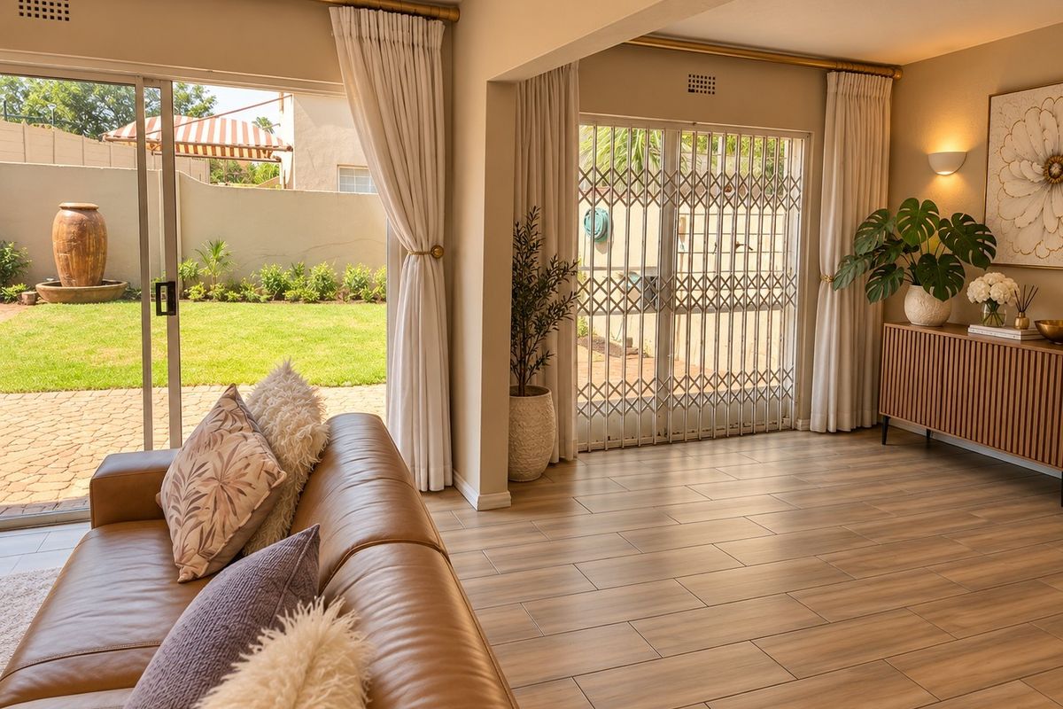 Bright living room featuring wood-look tile flooring, wall sconce lighting, and large sliding glass doors providing seamless access to the garden.