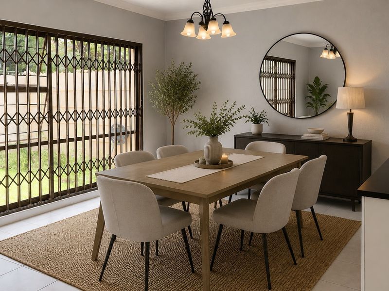 A well-maintained dining room featuring tiled flooring, a sliding door with a security gate, and elegant ceiling lighting.