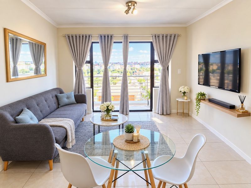 A bright and well-maintained living room featuring tiled floors, a wall-mounted shelf, and large sliding glass doors leading to a balcony with city views.
