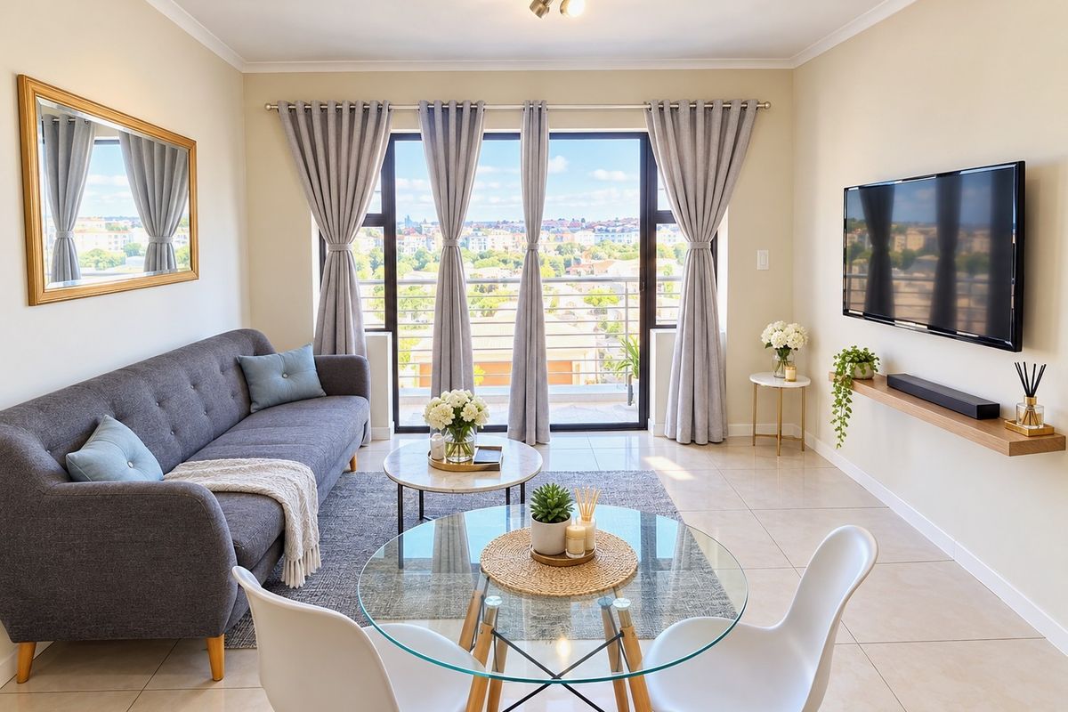 A bright and well-maintained living room featuring tiled floors, a wall-mounted shelf, and large sliding glass doors leading to a balcony with city views.