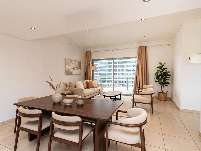 Spacious open-plan living and dining area featuring neutral tiled flooring, recessed lighting, and large sliding glass doors leading to a balcony.